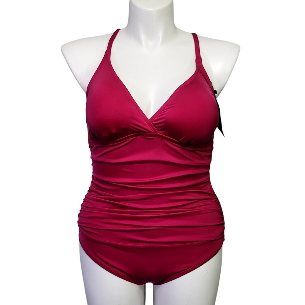 Hilor Womens Ruched Macrame Racerback One Piece Swimsuit‎ Berry Pink 14 NEW
